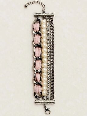 Boho Multi-Strand Cuff Bracelet - Pink Ribbon, Faux Pearls, & Gunmetal Chains